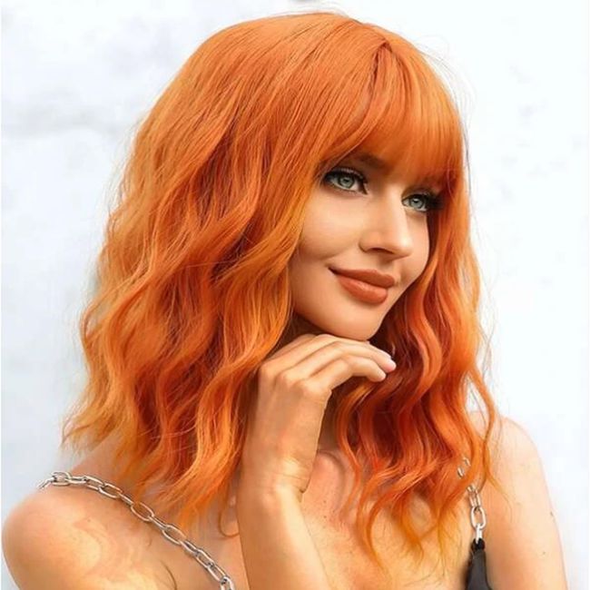OTO BELLA Orange Wig Short Curly Wigs with Bangs Synthetic Heat Resistant Wig for Women Girl Daily Party Cosplay Halloween Wigs (14IN, Orange)