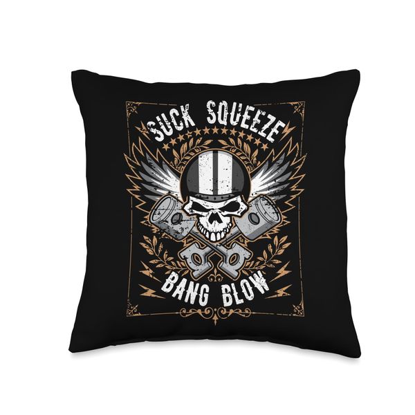 Suck Squeeze Bang Blow Engine Piston Skull Distressed Design Throw Pillow