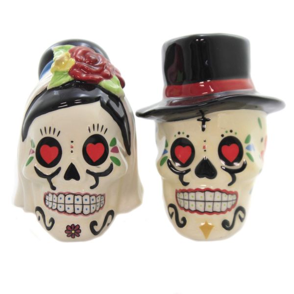 Pacific Trading Day of The Dead Bride and Groom Skulls Ceramic Salt and Pepper Shakers