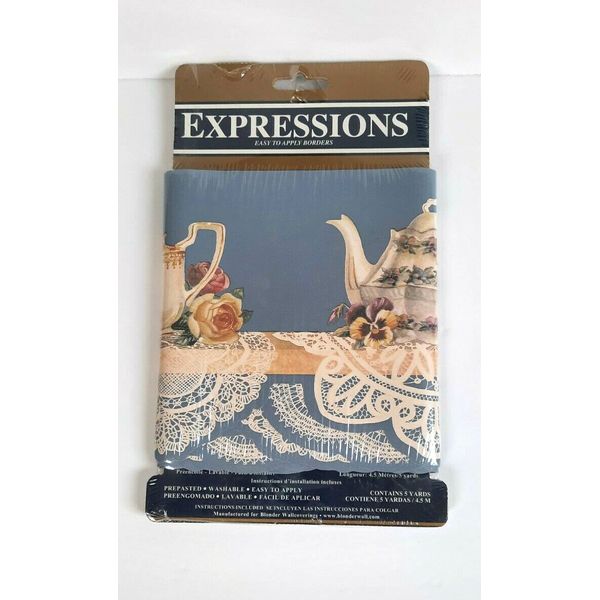 Expressions Wallpaper Border 5 Yds. Teapot Lace Doilies Roses Pansies New Sealed