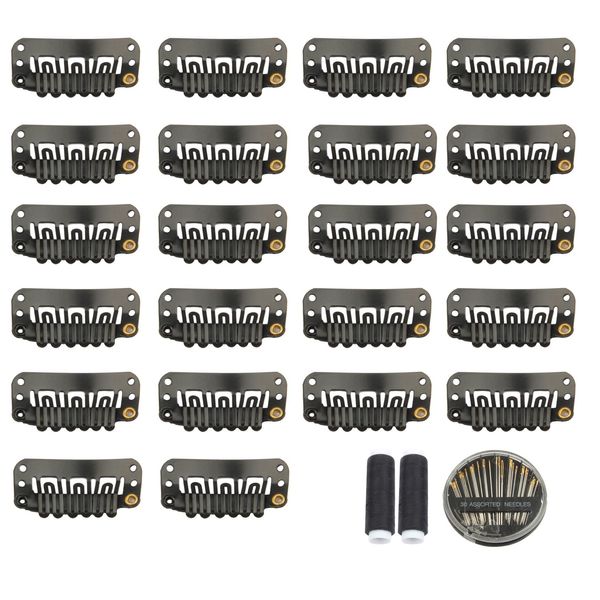 30pcs Hair Extension Clips U-Shape Stainless Steel Snap Clips for Wigs and Hair Extensions and Hairpieces, 30 Assorted Sewing Needles and 2 Rolls Thread (Black)