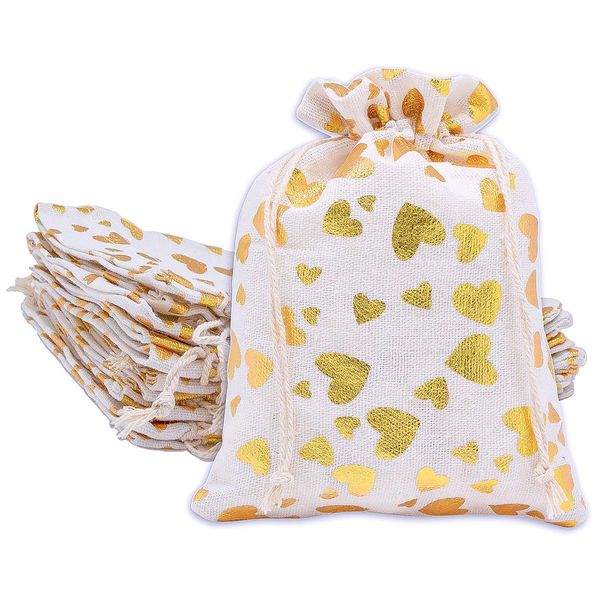 12pk - 4x6 Cotton Canvas Muslin Gift Bags w. Drawstring for Presents, Party Favors, Samples (Golden Hearts, Small) by TheDisplayGuys