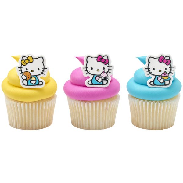 DecoPac Hello Kitty® Rings, Cupcake Decorations Featuring Hello Kitty and Mimmy, Pink And Yellow - 24 Pack