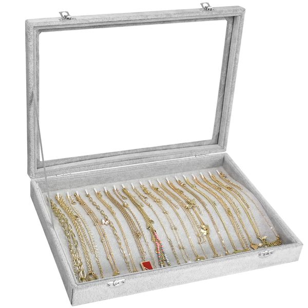 Siveit Necklace Organizer Box Premium 20 Hooks Necklace Display Jewelry Tray with Transparent Lid Jewelry Necklace Display Box for Necklace Pendants Suitable for Women and Girls (Grey)