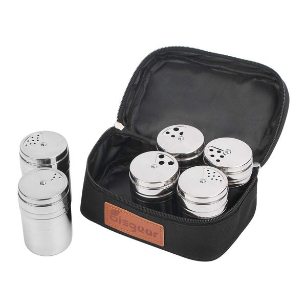 6Pc Salt & Pepper Shaker Sets - Bisgear Portable Stainless Steel Spice Shaker Seasoning Dispenser with Adjustable Holes & Travel Bag for Backpacking Camping BBQ