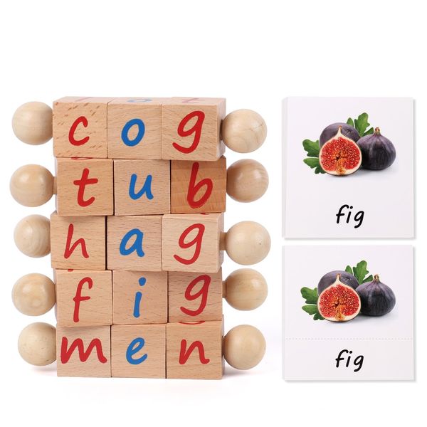 MEROCO Toy Building Blocks Preschool Wooden Building Blocks with Flash Cards Phonetic Reading Blocks Toys for 3 4 5 Year Old Toddler