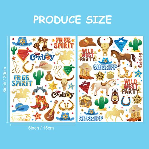 Qpout 120pcs Glitter Gold Cowboy Temporary Tattoos Western Foil Horse Rodeo Yeehaw hats Boots Face Fake Tattoos, Boys Cowboy Crafts Western Party Temporary Tattoos Horse Sticker Cowboy Party Favors
