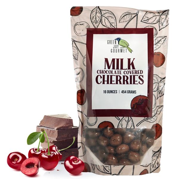 Green Jay Gourmet Milk Chocolate Cherries - Handmade & Fresh Milk Chocolate Covered Cherries from Michigan - Great Gift for Chocolate Lovers - 16 Ounce Resealable Bag