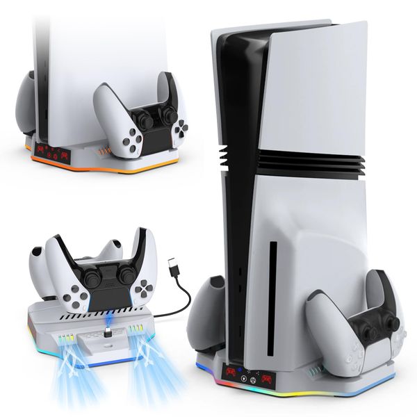 PS5 Pro / PS5 Slim Compatible Vertical Stand [Newly Released PS5 Pro/Slim Compatible] Lwuckbarrt PS5 Controller Charging Stand Multi-function Cooling Fan Charging Stand 2 Devices Simultaneous Charging