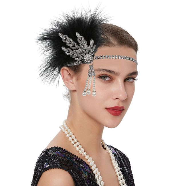 Z&X 1920s Feather Headband Gatsby Party Headpieces for Women Rhinestone 20s Roaring Hair Accessories Black Silver