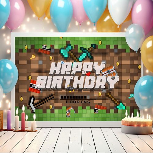 5x7Ft Pixel Birthday Backdrop, Large Sandbox Theme Party Decorations Miner Party Supplies Video Game Banner for Theme Party, Birthday (5x7ft)