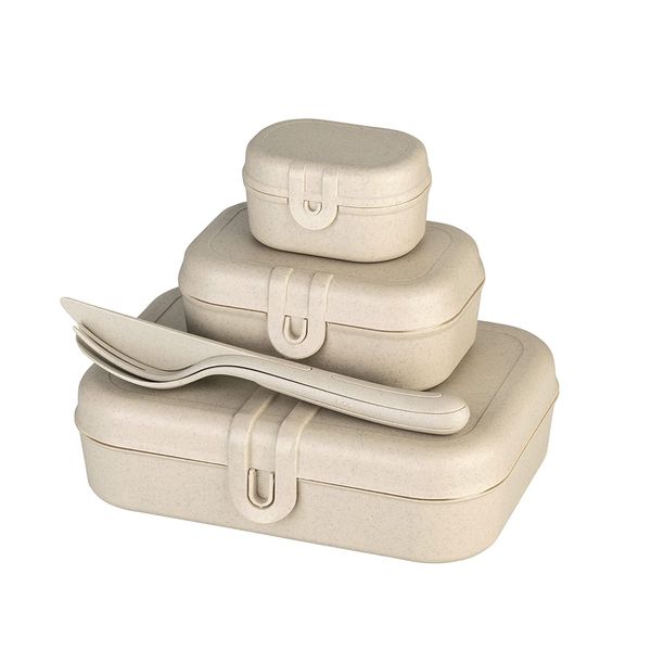 Koziol 7168700 4-Piece Lunchbox Set, Melamine Plastic, Nature Desert Sand, Includes Knife, Fork, Spoon, Ideal for On-the-Go