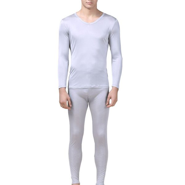 Grenasasilk Men's Silk Long Johns| Mulberry Silk Thermal Underwear Sets|V-Neck Mens Silk Long Underwear& Base Laye(L, Silver Gray)