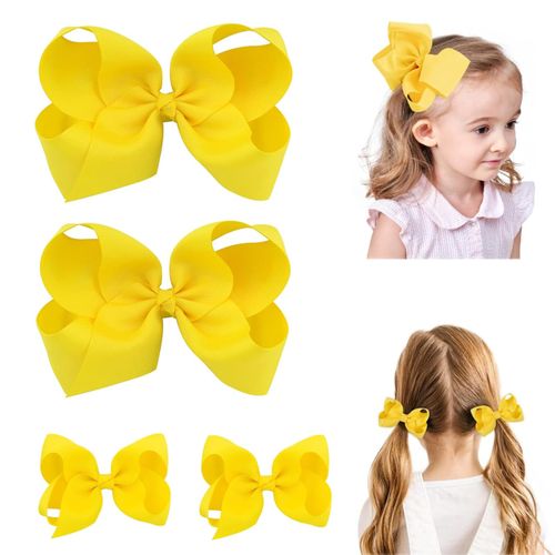 4 PCS Ribbon Hair Bows Clips Barrettes, 2 Sizes Ponytail Holder Bow Hair Bows with Alligator Clip Hair Styling Accessories for Women Girls (Yellow)