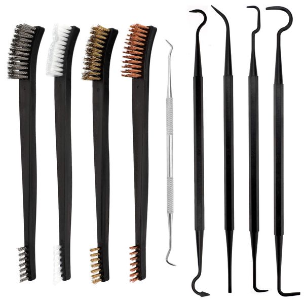 AIEX 9Pcs Mini Wire Brush & Pick Kit, Double Ended Brass Copper Nylon Steel Brush and Ploymer Metal Picks for Cleaning Welding Slag and Rust