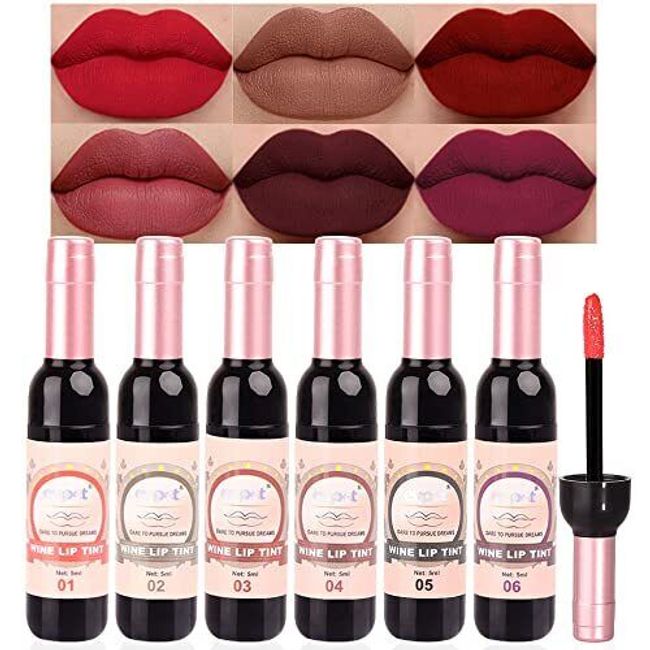 6Pcs Wine Bottle Lip Tint Stain Matte All Day Liquid Lipstick Lip Gloss Sets