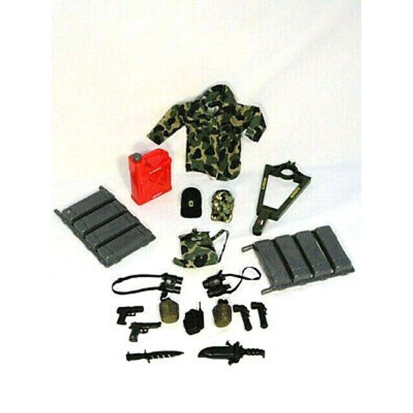 19 pc Assorted Toy Military Accessories, GI Joe [?] Canteen Knife Gas Can + More