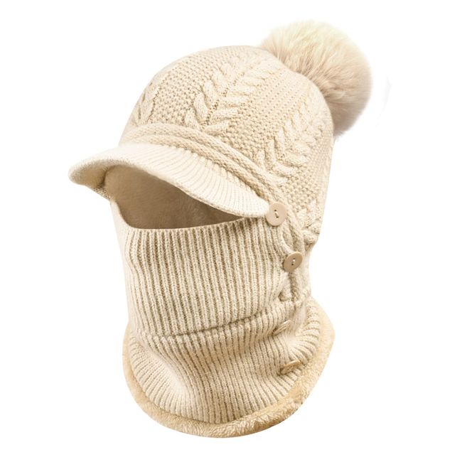 Heveer Warme Strickmütze Damen Flexible Wintermütze mit Halswärmer Krempe Verstellbare Gesichtsmaske Weichem Gefüttert für Outdoor Beige