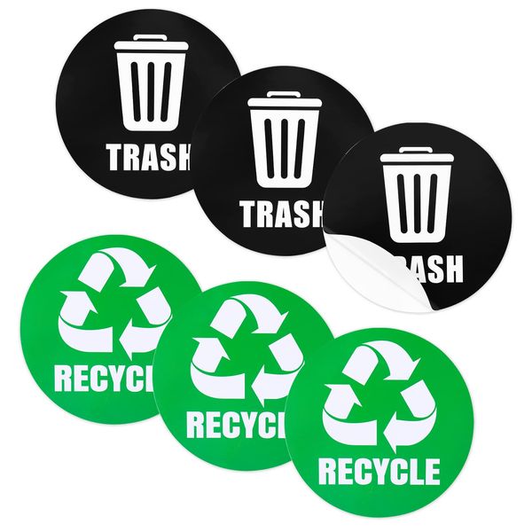 6 Pieces Recycle and Trash Logo Stickers, Recycle Sticker for Trash Can Organize Trash Waterproof Garbage Sorting Stickers for Indoor & Outdoor Home Kitchen Office Greeen & Black 5 Inches