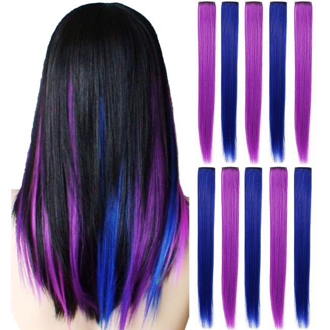 ECOCHARMS 8PCS Princess Party Highlight Clip in Colored Hair Extension Costumes Wig for Baby Girls&Dolls(Purple&Blue)