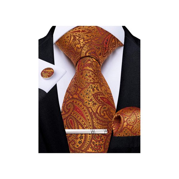 DiBanGu Mens Silk Burnt Orange Paisley Necktie and Pocket Square Cufflinks Tie Clip Set in Gift Box,Orange Ties for Men Party Wedding