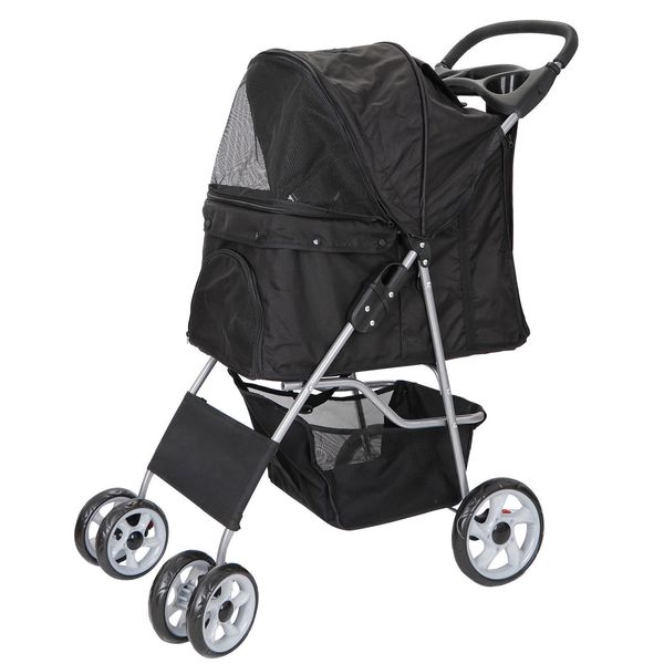 Pet Dog Stroller Travel Carriage w/Foldable Carrier Cart & Cup Holder 4 Wheeler