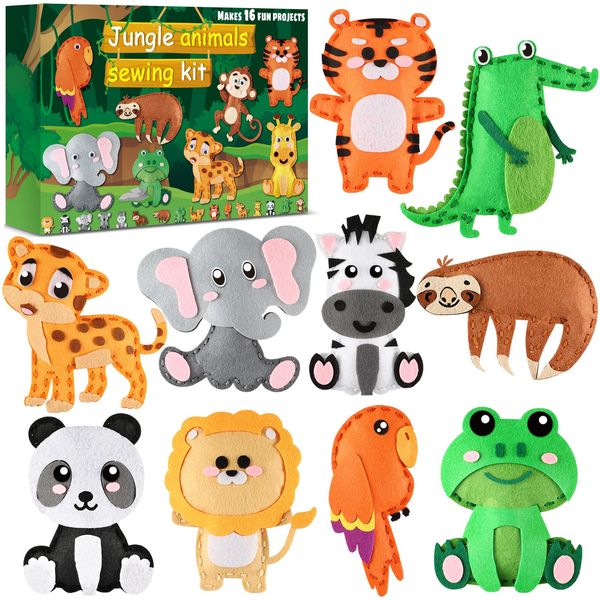 ZOIIWA 16 Sets Christmas Craft Jungle Animals Themed Sewing Kit for Kids Fun Craft for Boys Girls Felt Plush Craft Kit Sewing Kit Learn to Sew Kit Educational Beginners Sewing Stuffed Ornaments