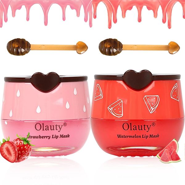 2Pcs Bee Balm Lip Balm Honey Pot, Strawberry & Watermelon Moisturising Lip Mask to Reduce Lip Lines, Sleeping Lip Mask with Sticks, Scrub Exfoliate Hydrate Prevent Dry & Cracked Lips Honey Lip Balm