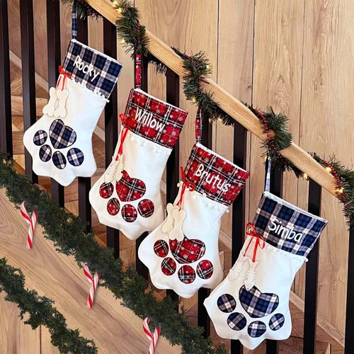 DIBSIES Personalized Plaid Pet Paw Christmas Stocking (Cat - Red with Fish Tassles)