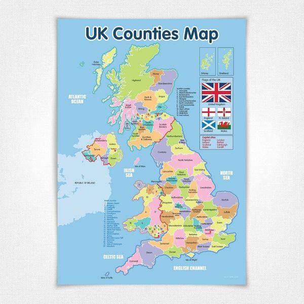 A2 UK Counties Map Wall Education Poster
