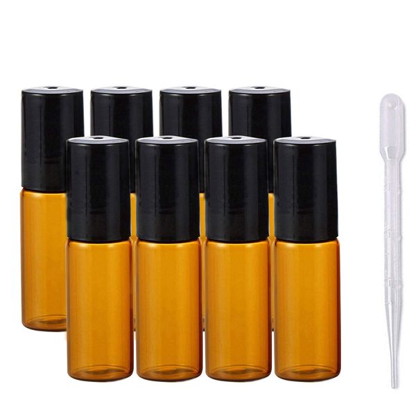 Junhope JamHooDirect 5ml Amber Glass Roll on Bottles with Stainless Steel Roller Ball - Refillable Essential Oil Roller Bottles with Lid Opener Pry Tool & 1 Transfer Pipette, 8Pcs