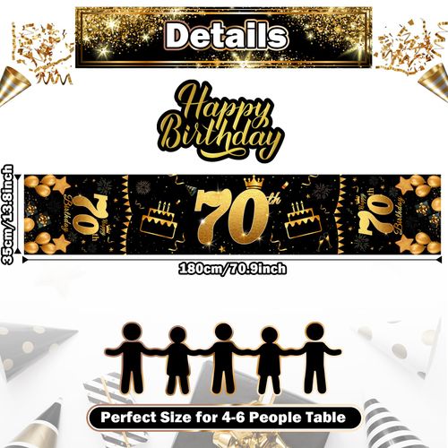 Happy 70th Birthday Table Runner Black Gold 70th Birthday Table Runner for Men Women 70 Years Old Birthday Anniversary Celebration Party Non-Slip Dining Table Linen Cloth Decorations, 180x35cm Long