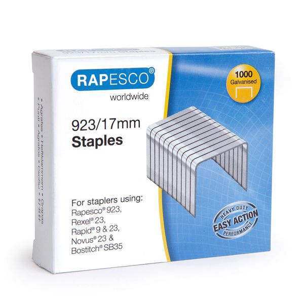 Rapesco 1240 923/17mm Galvanised Staples, Type 23, Box of 1000