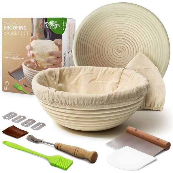 Banneton Bread Proofing Basket, 13 Pc Sourdough Starter Kit, 2 Round 9 Inch Banneton Baskets, Lame, Blades, Scrappers, Cotton Covers, Silicone Brush, and More - Complete Sourdough Bread Baking Kit