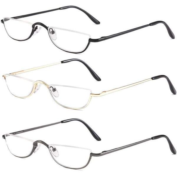 KoKoBin 3 Pack Half Frame Reading Glasses Spring Hinges for Men Women Slim Half Moon Lens Readers Metal Semi Rimless Eyewear +2.0