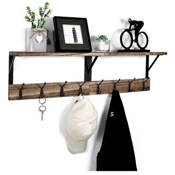 Coat Rack Wall Mount with Shelf, Entryway Shelf with 8 Metal Wall Hooks Coat