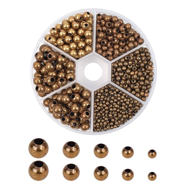 PH PandaHall 1150pcs 5 Sizes Smooth Round Beads Antique Bronze Tiny Spacer Beads Loose Beads for Jewellery Making Supplies(2.4mm, 3mm, 4mm, 5mm, 6mm)