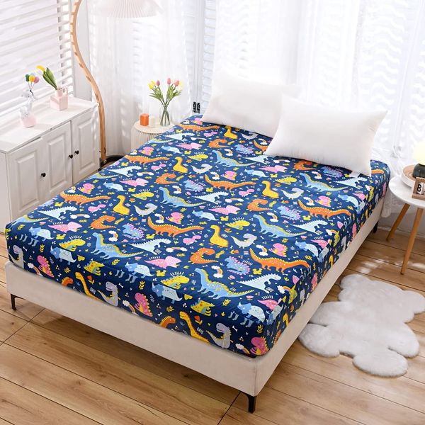 NATURETY Soft Bedding Fitted Sheet with Deep Pocket,Thicken Dino Printed Bed Sheets for Teens (Navy Blue(Dinosaur), Twin)