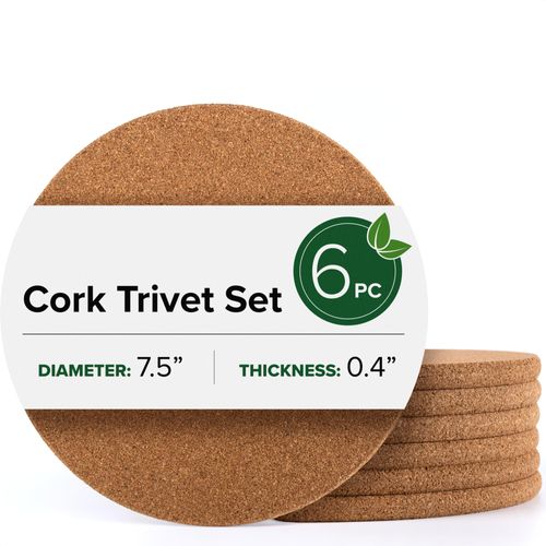 Powerlix 6 Pack High Density Round Cork Trivets for Hot Dishes, Plates, and Kitchen Countertops, Multifunctional Corkboard Pads for Hot Pots, Plates, Pans and DIY Crafts (7.5 in)