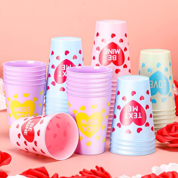 Zubebe 64 Pieces Valentine's Day Cups Plastic Heart Cup Valentine Heart Tumblers Red Hearts Valentine's Day Plastic Cups Valentine's Day Party Supplies for Kids Class Holiday Party(Macaroon, 9oz)