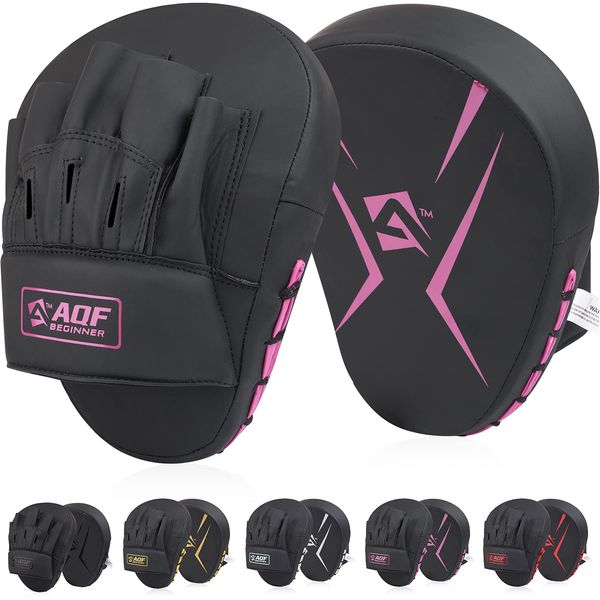 AQF Boxing Pads for Training - Punching Pads Muay Thai Rex Leather Curved Boxing Mitts for MMA, Kickboxing, Karate, Sparring & Martial Arts Pads (Pink)