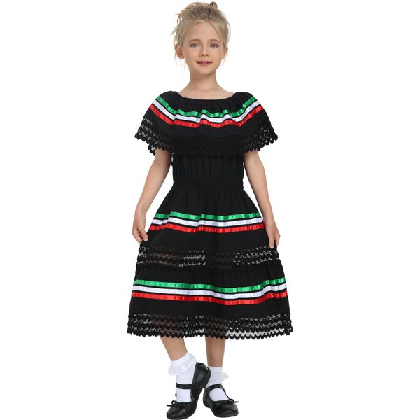 YZXDORWJ Mexican Dress for Girls Traditional Fiesta Dress Colorful Themed Dress Cinco de Mayo Party Dress (110, GQ-BKJ)