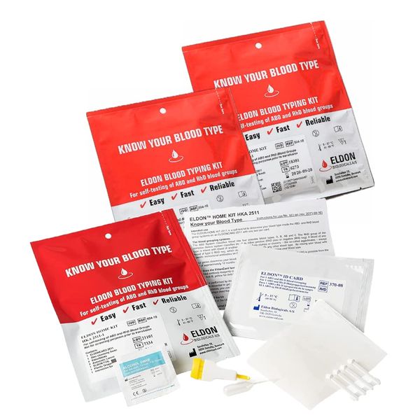 Eldoncard Blood Typing Kit, 3 Tests, Know Your Blood Type, Instant Home Testing Kit, A, O, B, Rhs-D Negative and Positive Blood Types Tested For