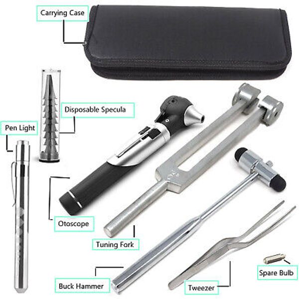 Led Fiber Optic Otoscope Tuning Fork C128 Reflex Hammer Diagnostic ENT Set Black