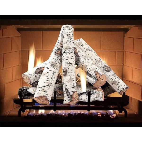 Gas Fireplace Logs Set Ceramic White Birch for Indoor Inserts,Vented, Propane