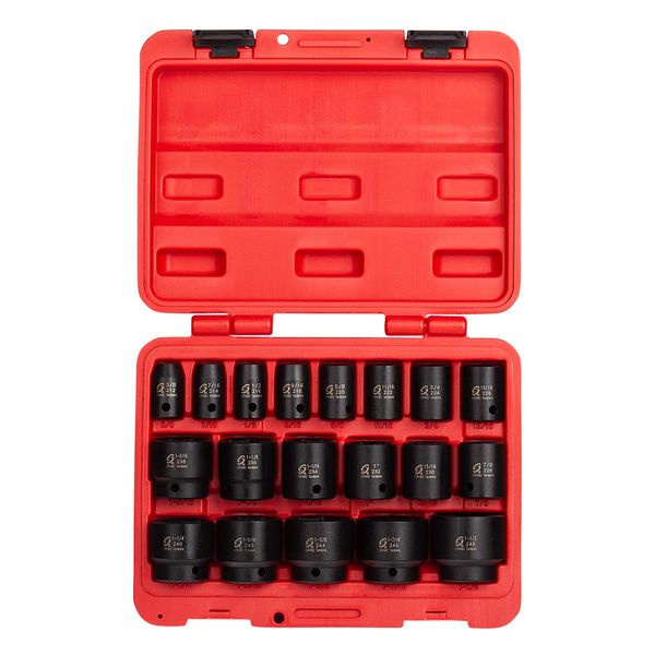 Sunex 2640, 1/2 Inch Drive Impact Socket Set, 19-Piece, SAE, 3/8 Inch – 1-1/2 Inch, Cr-Mo Alloy Steel, Radius Corner Design, Dual Size Markings, Heavy Duty Storage Case, Meets ANSI Standards