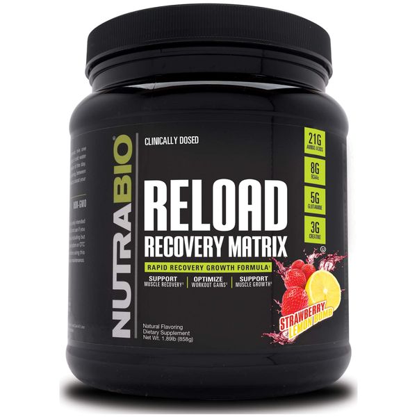 NutraBio Reload - Powerful Muscular Recovery Formula - Post-Workout Supplement - 3G Creatine - 8G BCAAs - 5G Glutamine - 30 Servings, Strawberry Lemon Bomb