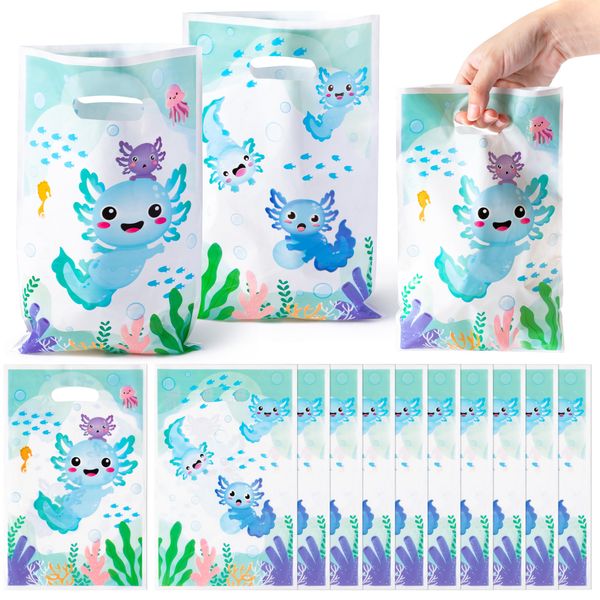 3sscha 50Pcs Blue Axolotl Party Favor Bag - Amphibian Themed Waterproof Goodie Bag with Die Cut Handles Reptile Animals Water Plants Plastic Gift Bags for Kids Birthday Baby Shower Decors Supplies