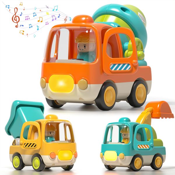 PANITU Baby Toys Push Cars for 1 2 3 Year Old Friction Powered Construction 3 Pack Friction Vehicle Set Excavator Dumper Cement Mixer Truck Lights and Musial Toys Birthday Gifts for Toddlers 1-3