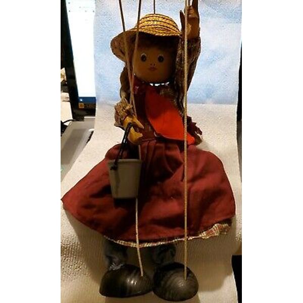 Vintage Wooden Marionette Puppet Wood Farm Girl  15" Doll Rope Hair